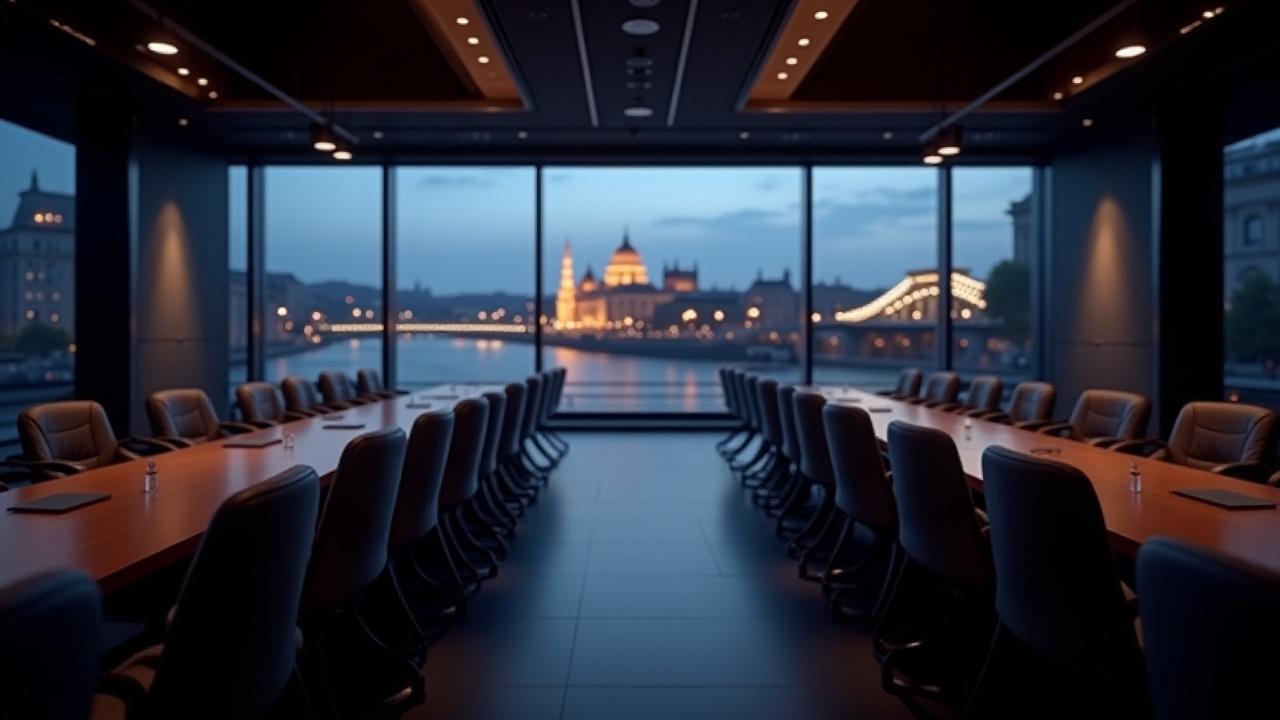 Modern konferenciaterem berendezve céges rendezvényre, háttérben Budapest látképe